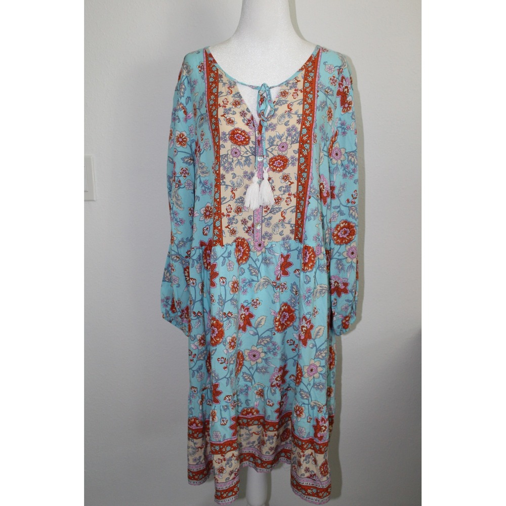 Coco + Carmen Floral Boho Tassel Tiered Dress Turquoise Coral L/XL NWOT